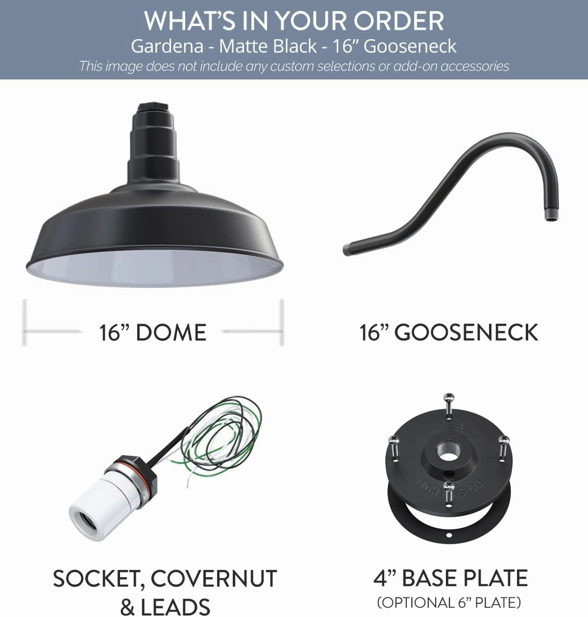 Steel Lighting Co. Gardena Barn Light | Outdoor Wall Mounted | 16" Dome | 16" Gooseneck | Farmhouse Light Made in America | Matte Black Exterior/White Interior