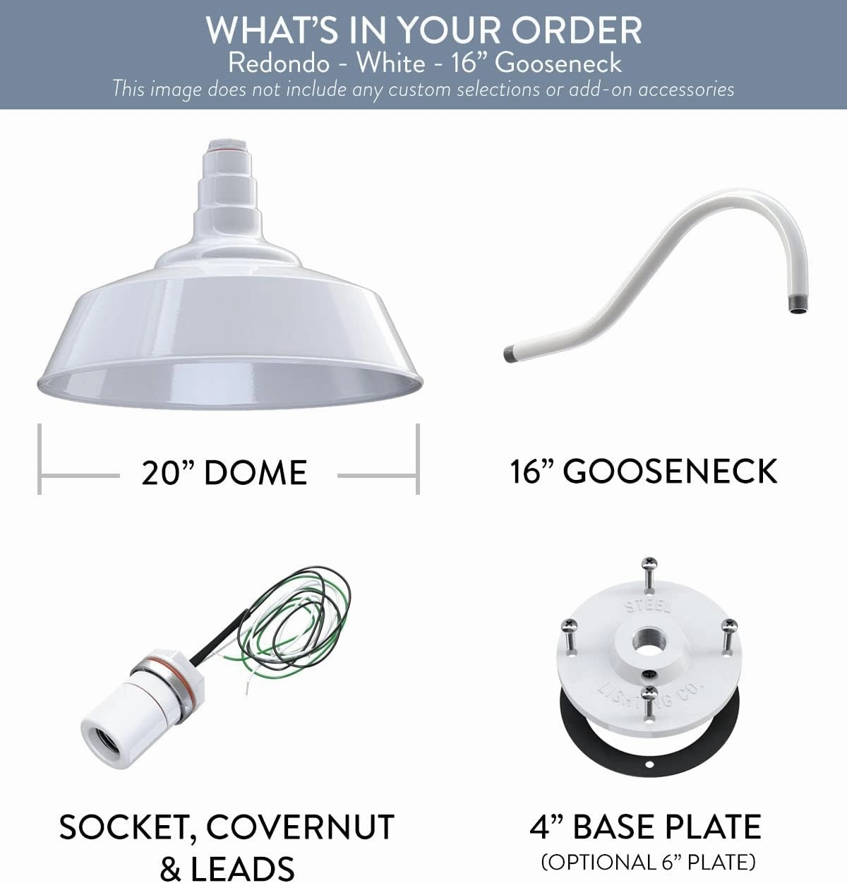 Steel Lighting Co. Redondo Barn Light | Outdoor Wall Mounted | 20 inch Dome | 16 inch Gooseneck | Large Farmhouse Warehouse Light Made in America | White Exterior/White Interior
