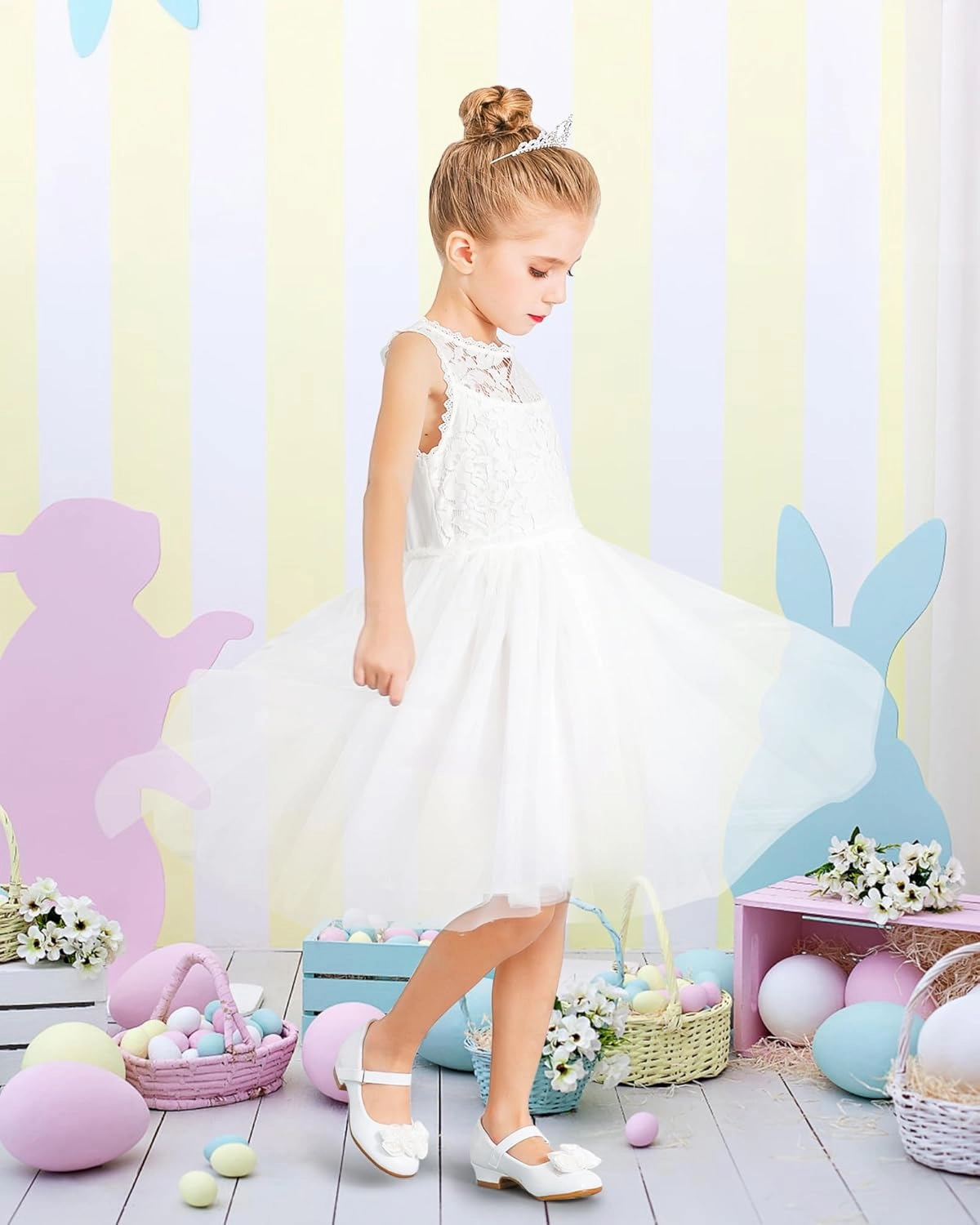 Stelle Girls Dress Shoes White Flower Girl Shoe Mary Jane Low Heels for Wedding (Toddler/Little/Big Kid)