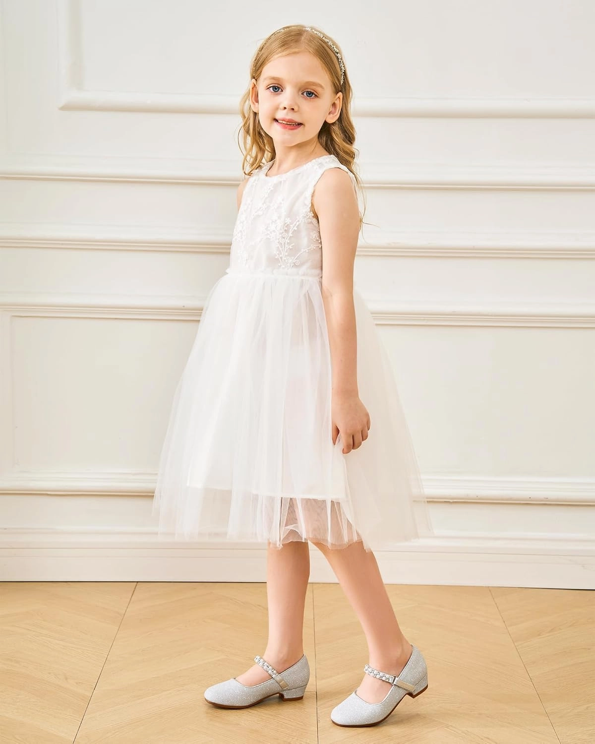 Stelle Girls Dress Shoes White Flower Girl Shoe Mary Jane Low Heels for Wedding (Toddler/Little/Big Kid)