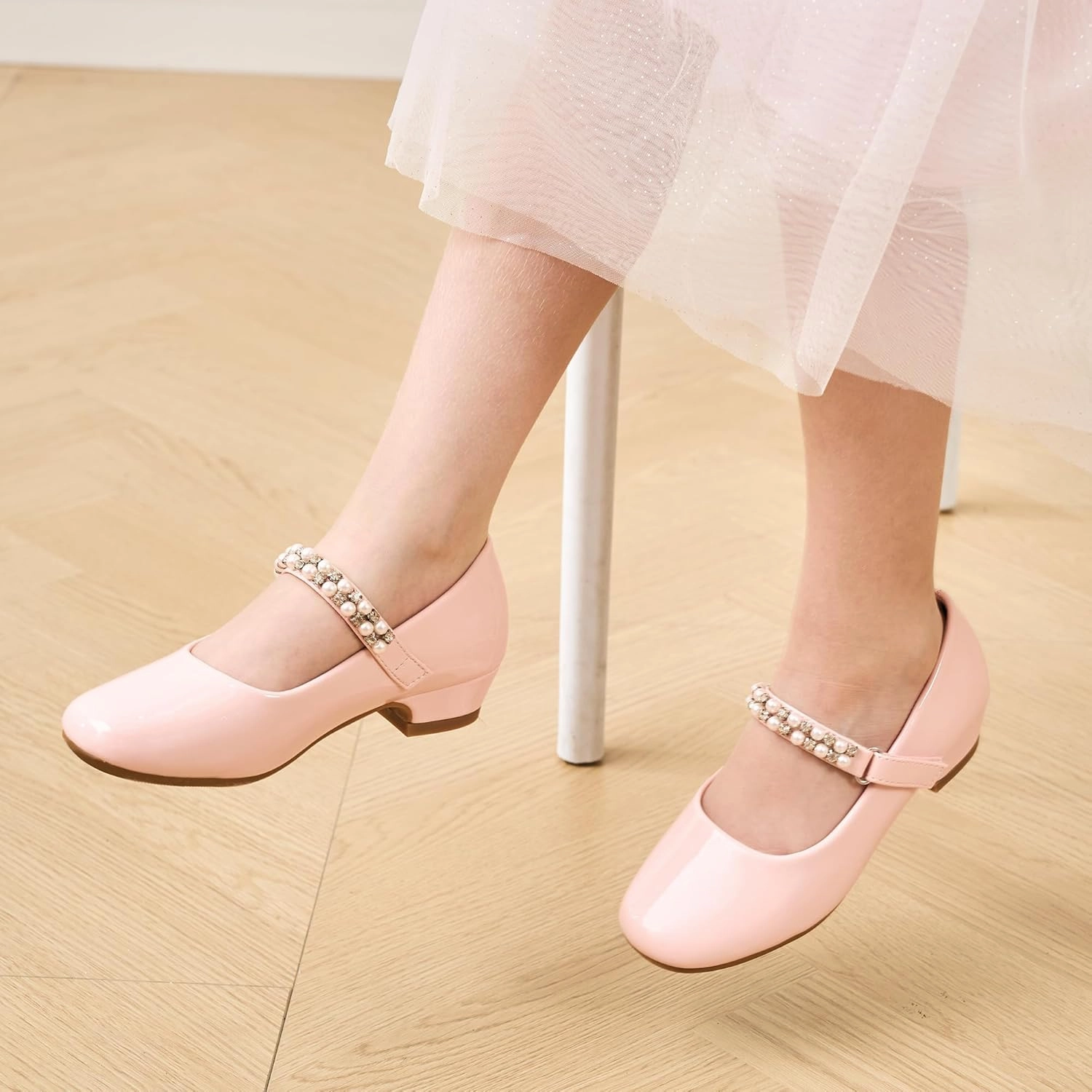 Stelle Girls Dress Shoes White Flower Girl Shoe Mary Jane Low Heels for Wedding (Toddler/Little/Big Kid)