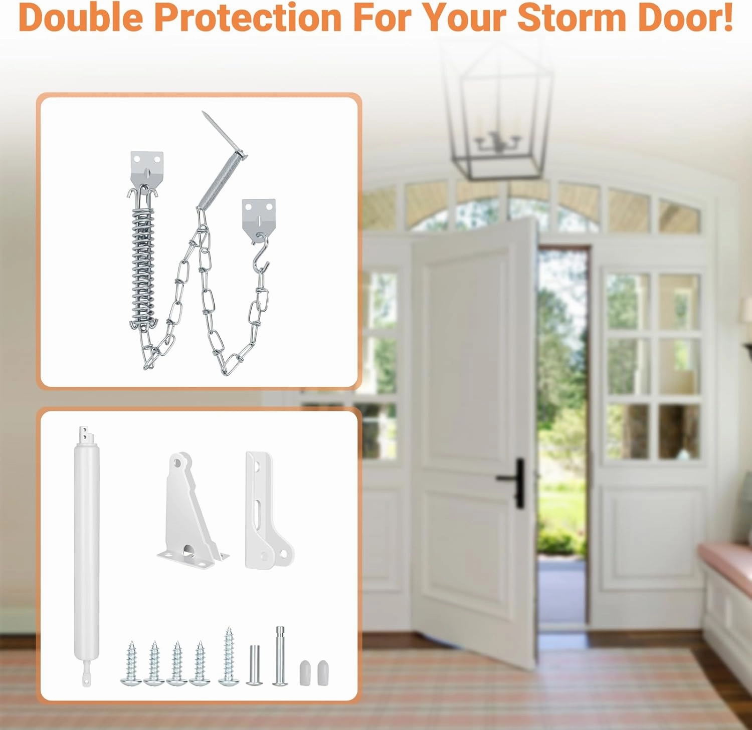 Storm Door Closer, White Heavy Duty Screen Door Closers with Protector Chains Spring, Compatible with Andersen/Emco/Larson/40201 (Closer and Chain, 1 Pack(White))