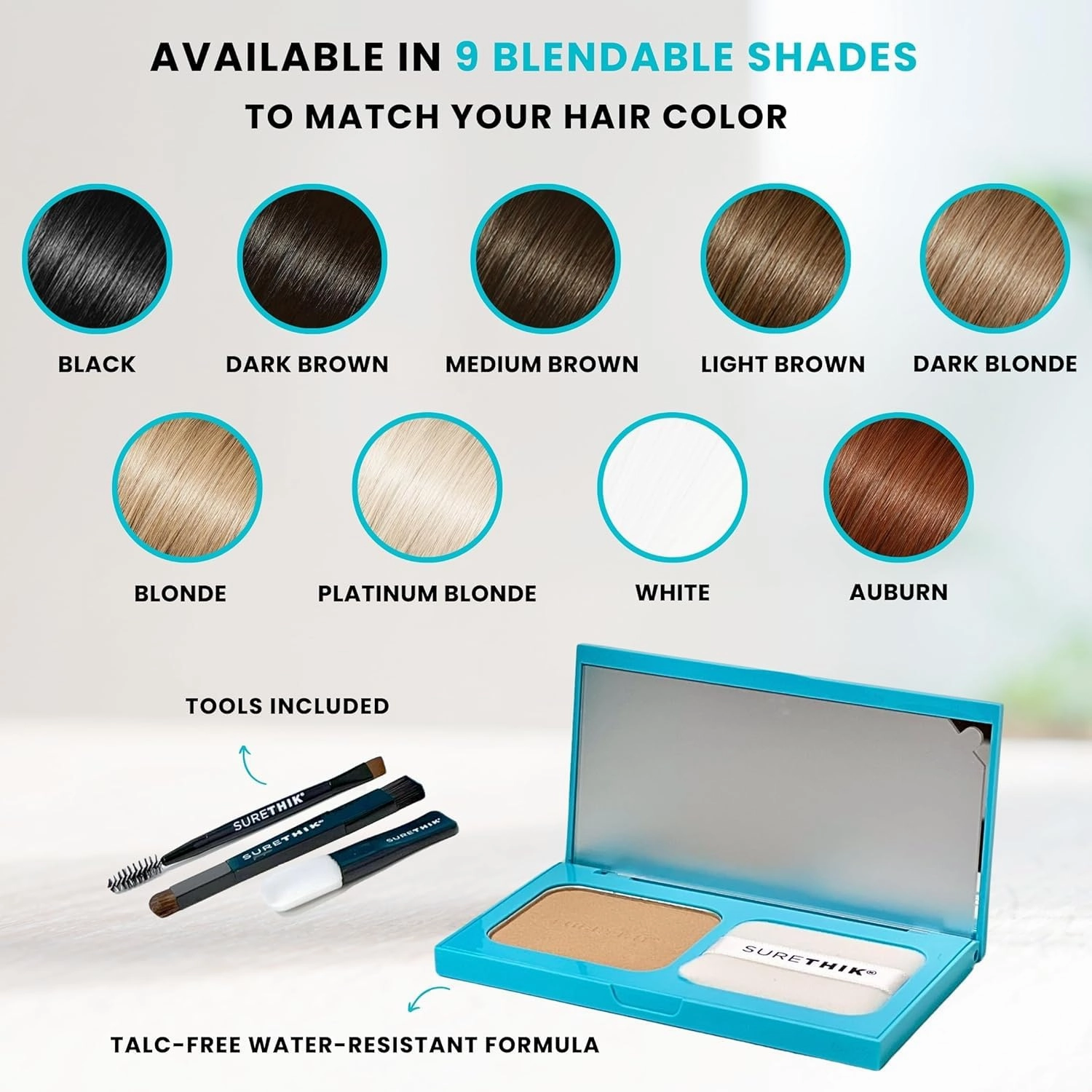 SURETHIK 4-in-1 Premium Hairline Powder Kit - Conceal Thinning Hair, Root Touch-Up, Highlight Refresher & Eyebrow Enhancer for Men and Women (Dark Brown)