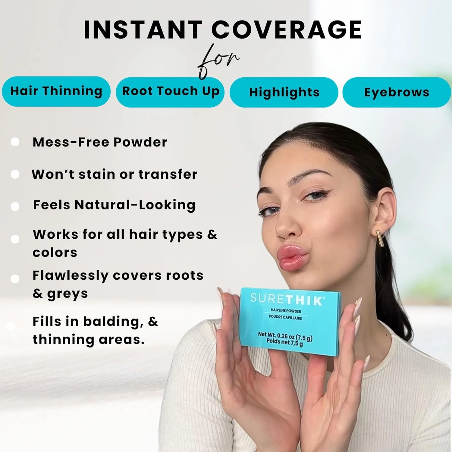 SURETHIK 4-in-1 Premium Hairline Powder Kit - Conceal Thinning Hair, Root Touch-Up, Highlight Refresher & Eyebrow Enhancer for Men and Women (Dark Brown)