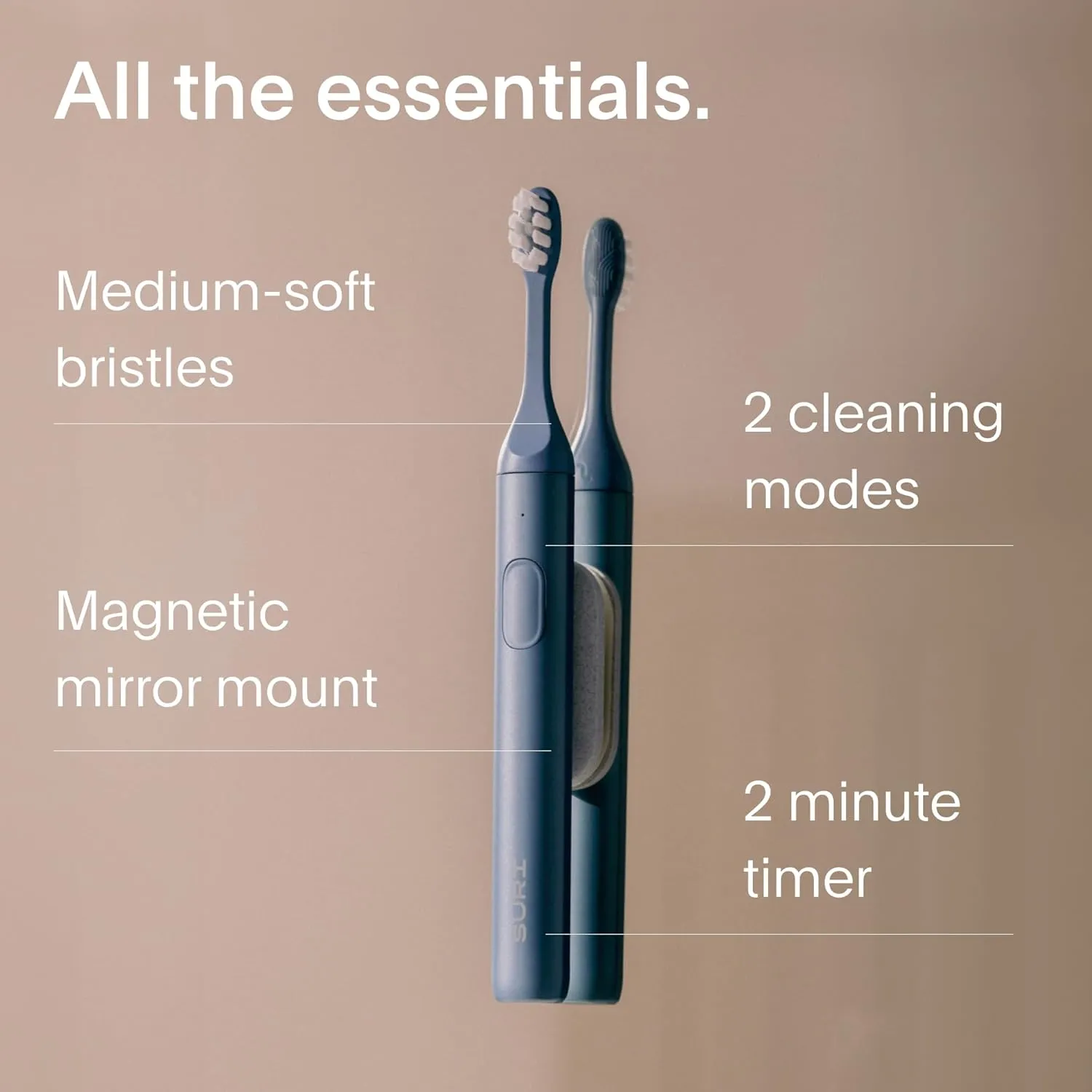 Sustainable Sonic Toothbrush - Electric Toothbrush for Adults - Slim and Powerful Travel Toothbrush with UV Cleaning Case - Recyclable Plant-Based Head, 2 Modes, Mirror-Mount, and Charging Stand