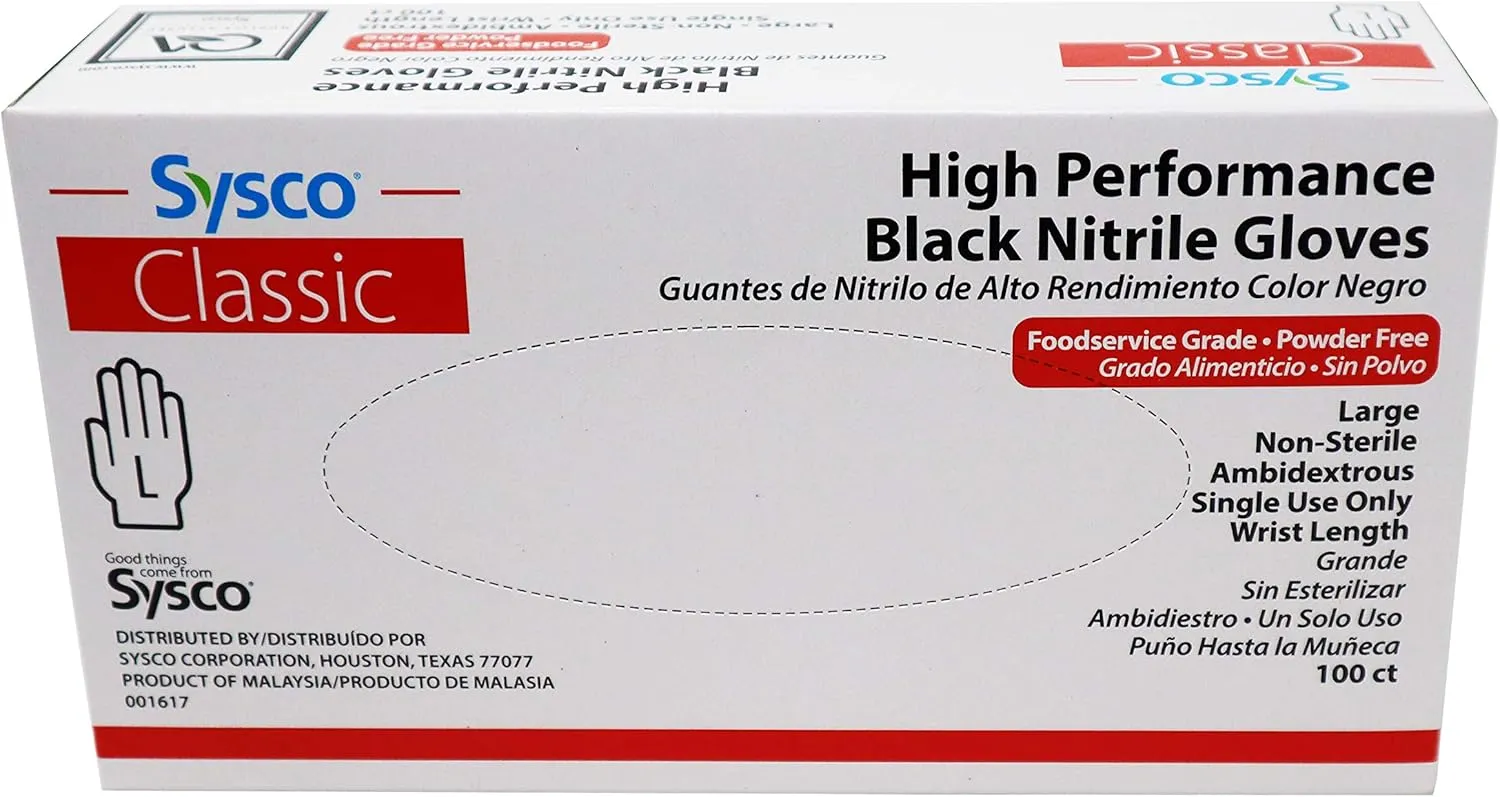 Sysco Nitrile High Performance Gloves, Powder Free, Food Grade, Disposable (100 Gloves Pack) (Large - Black)