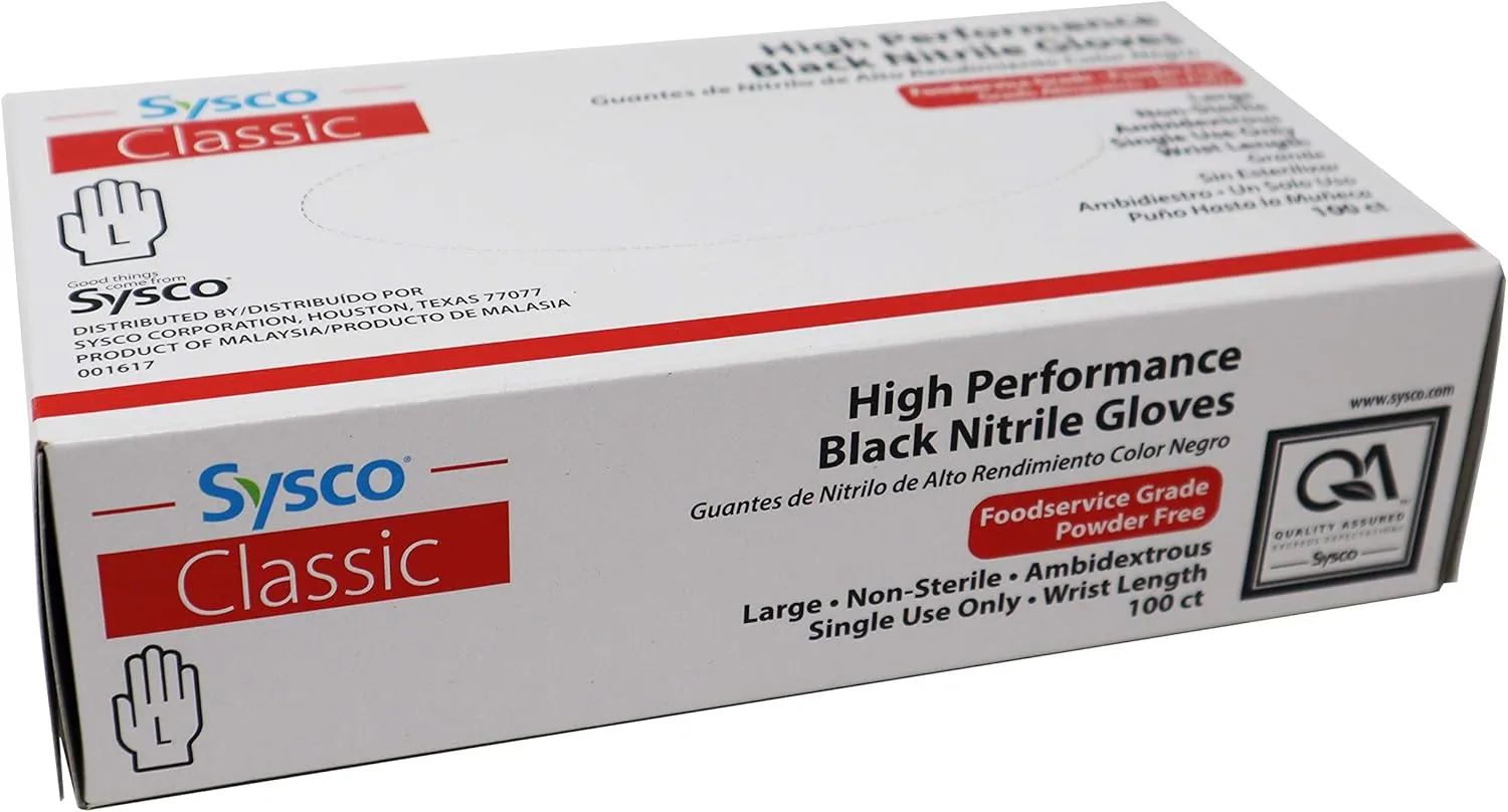 Sysco Nitrile High Performance Gloves, Powder Free, Food Grade, Disposable (100 Gloves Pack) (Large - Black)