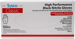 Sysco Nitrile High Performance Gloves, Powder Free, Food Grade, Disposable (100 Gloves Pack) (Large - Black)