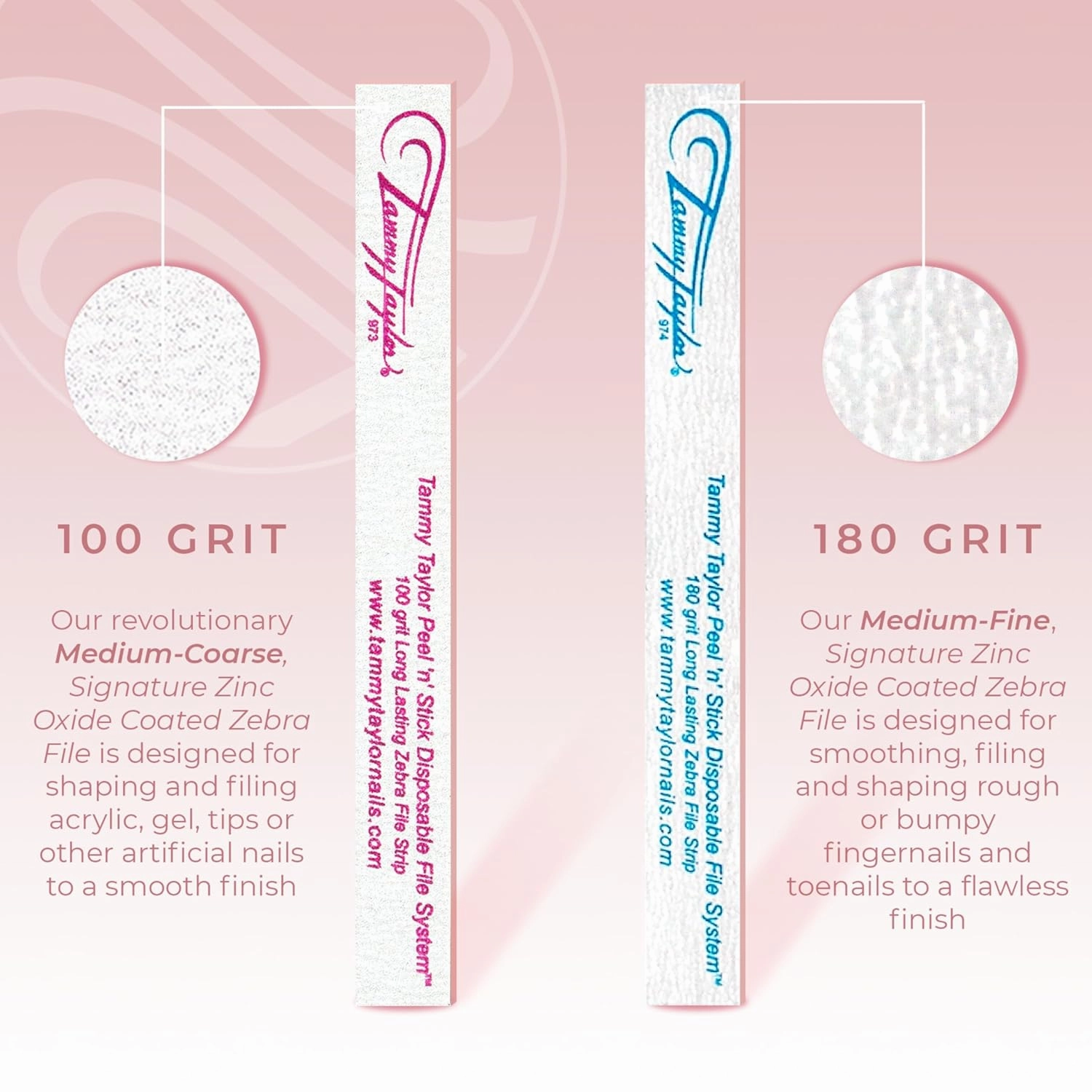 Tammy Taylor Zebra Disposable Nail File with 100/180 Grit for Artificial & Natural Nails - 25 Count Pink Coarse/Medium Grit - Professional Emery Boards for Acrylic, Gel & Nail Art