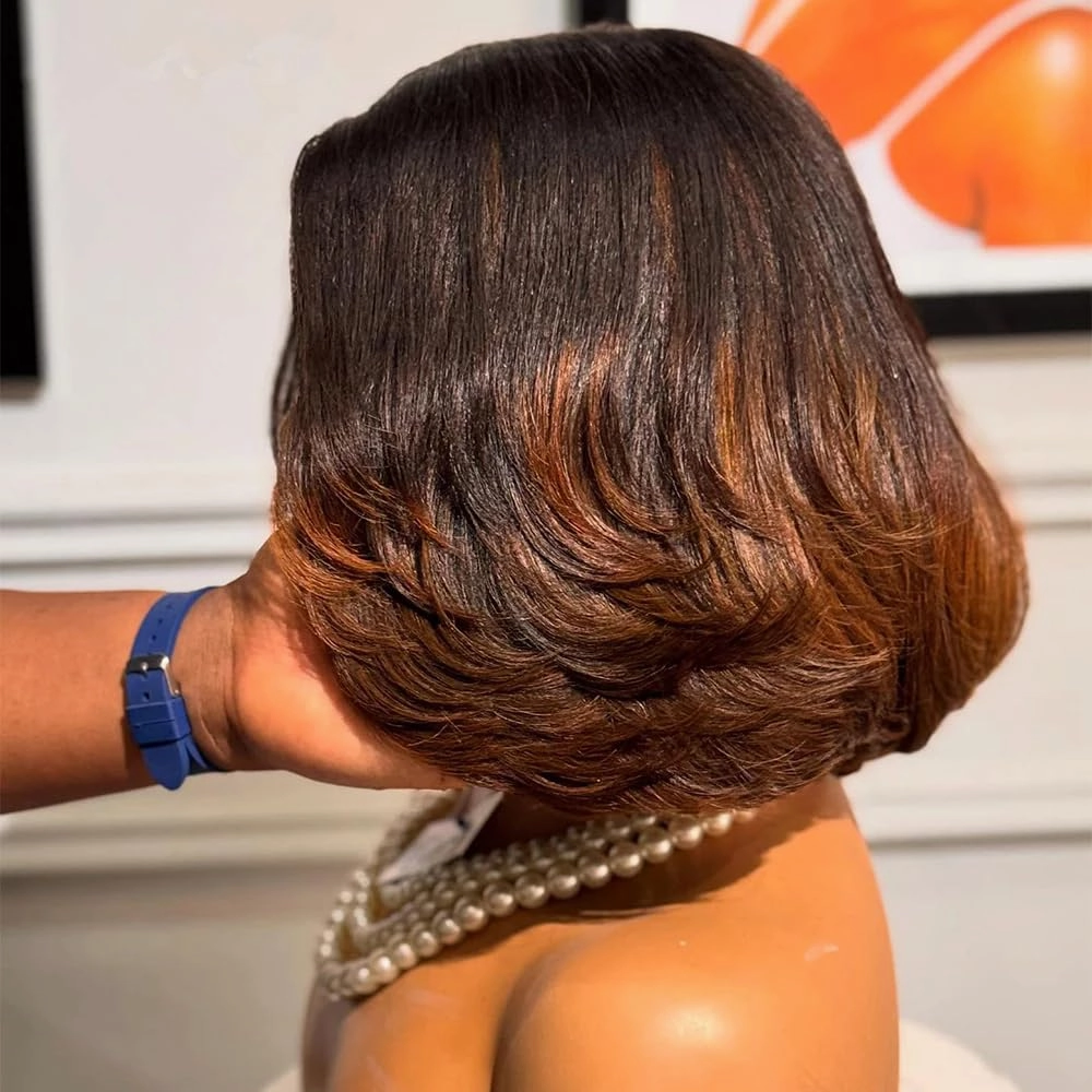 ten chopsticks 2X6 Real SKINLIKE HD Lace Closure Wigs Human Hair 1B/30 Ombre Brown Laryered Cut Bob Wig 180% Density 0.10mm Ultra-thin Invisible Swiss Lace Wigs with Bleached Knots For Woman 10Inch