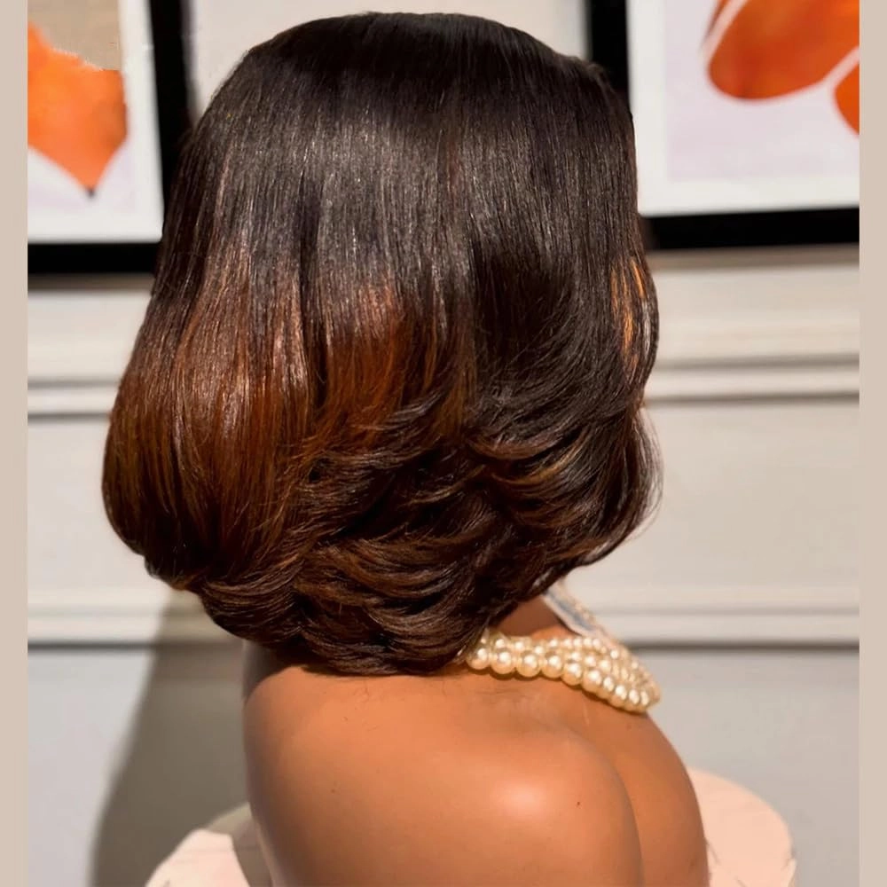 ten chopsticks 2X6 Real SKINLIKE HD Lace Closure Wigs Human Hair 1B/30 Ombre Brown Laryered Cut Bob Wig 180% Density 0.10mm Ultra-thin Invisible Swiss Lace Wigs with Bleached Knots For Woman 10Inch