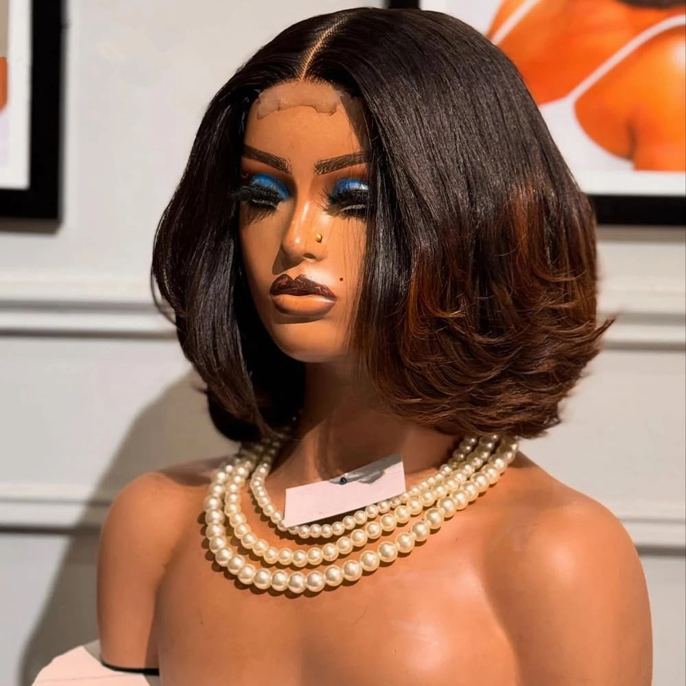 ten chopsticks 2X6 Real SKINLIKE HD Lace Closure Wigs Human Hair 1B/30 Ombre Brown Laryered Cut Bob Wig 180% Density 0.10mm Ultra-thin Invisible Swiss Lace Wigs with Bleached Knots For Woman 10Inch