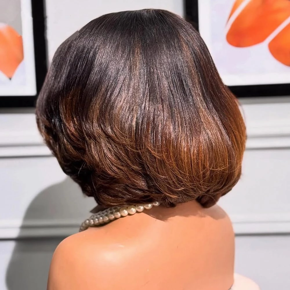 ten chopsticks 2X6 Real SKINLIKE HD Lace Closure Wigs Human Hair 1B/30 Ombre Brown Laryered Cut Bob Wig 180% Density 0.10mm Ultra-thin Invisible Swiss Lace Wigs with Bleached Knots For Woman 10Inch