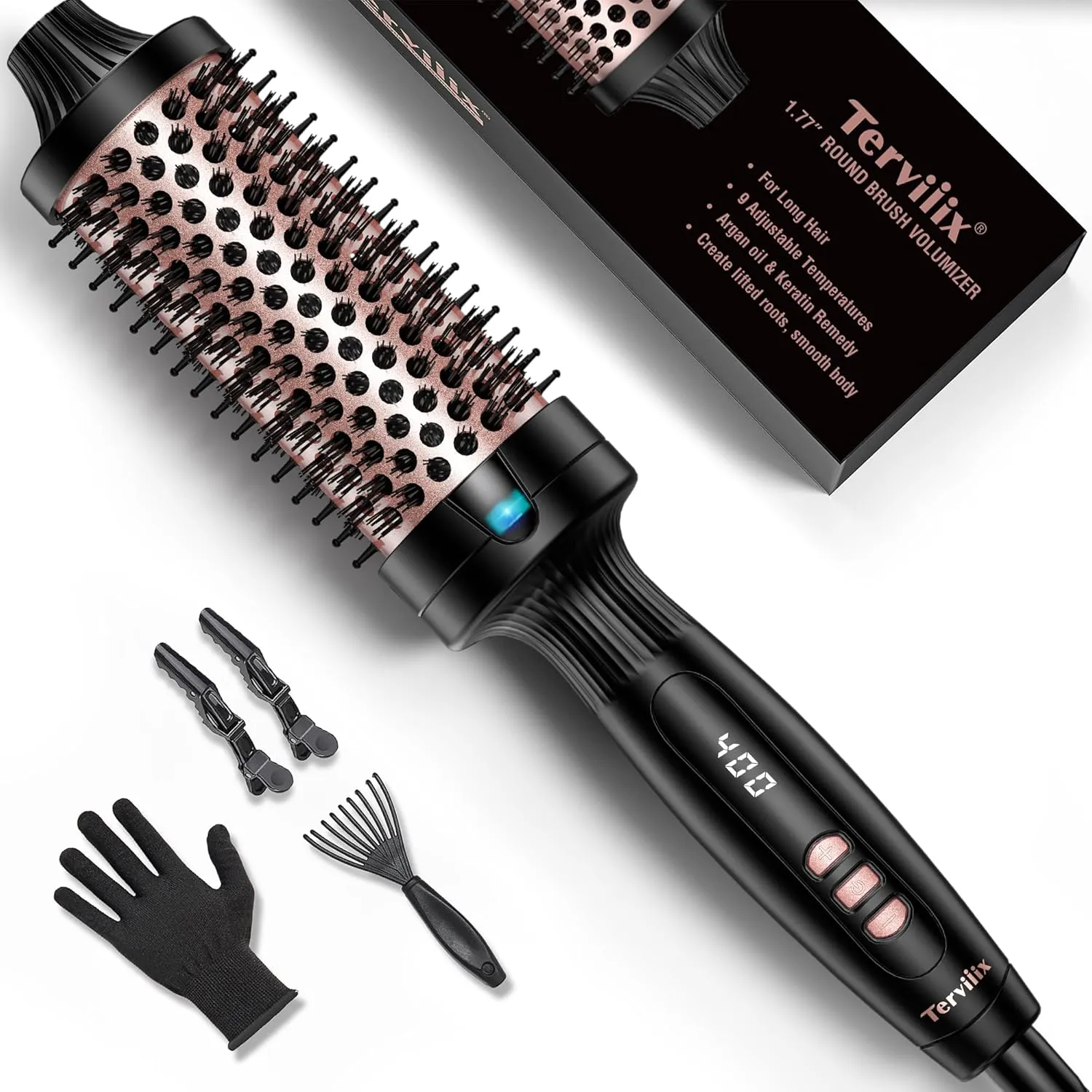Terviiix Thermal Brush 1.77 Inch Quick Heating Makes Hair Silky Smooth, Ceramic Tourmaline Ionic Heated Brush & Curling Wand Volumizer, Digital Display 9 Temperatures Curling Iron, Dual Voltage