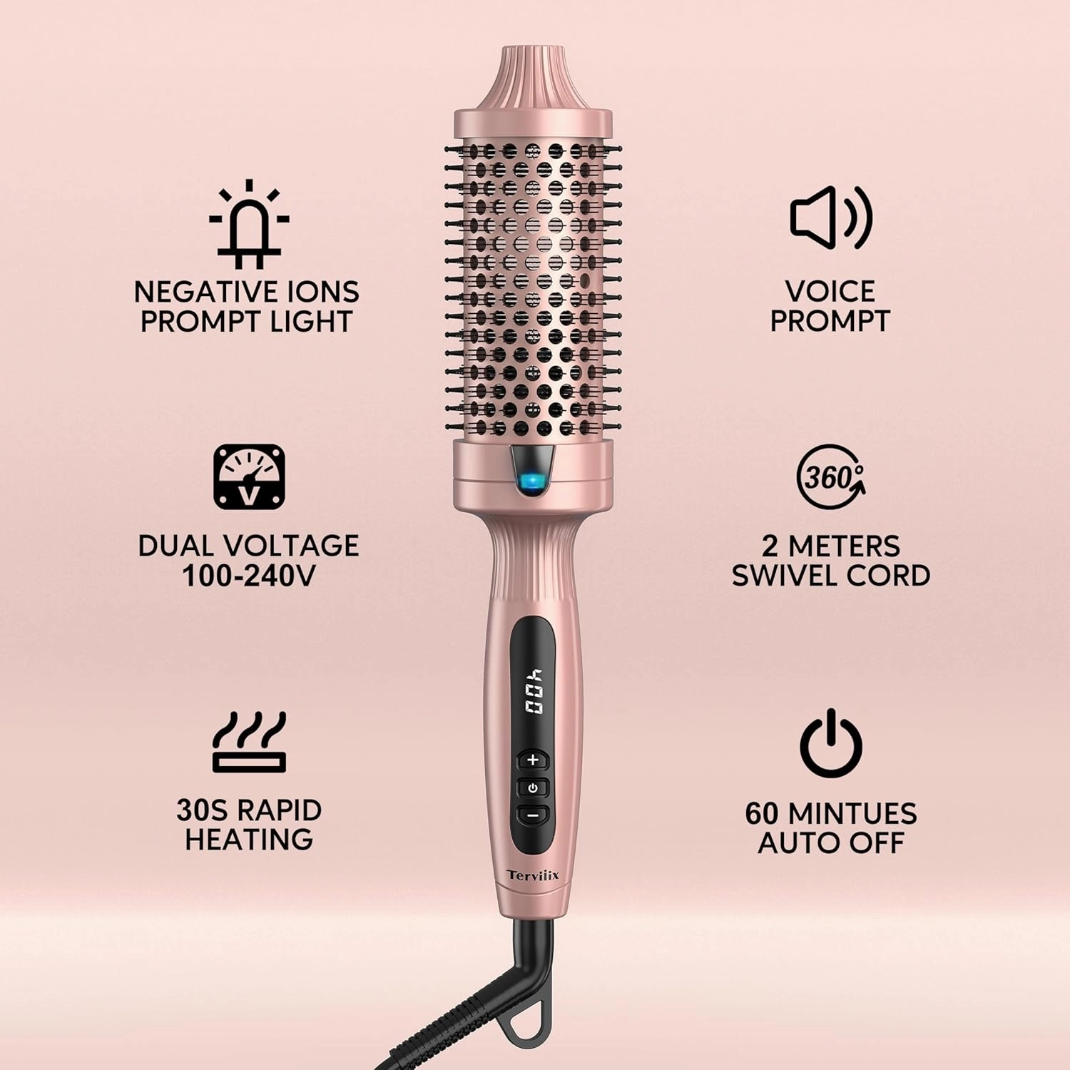 Terviiix 1.77 Inch Thermal Brush, Double MCH Ceramic Hot Brush Tourmaline Ionic 2 in 1 Heated Hair Curling Wand, Digital Display 9 Temperatures Curling Iron Dual Voltage for Long Hair