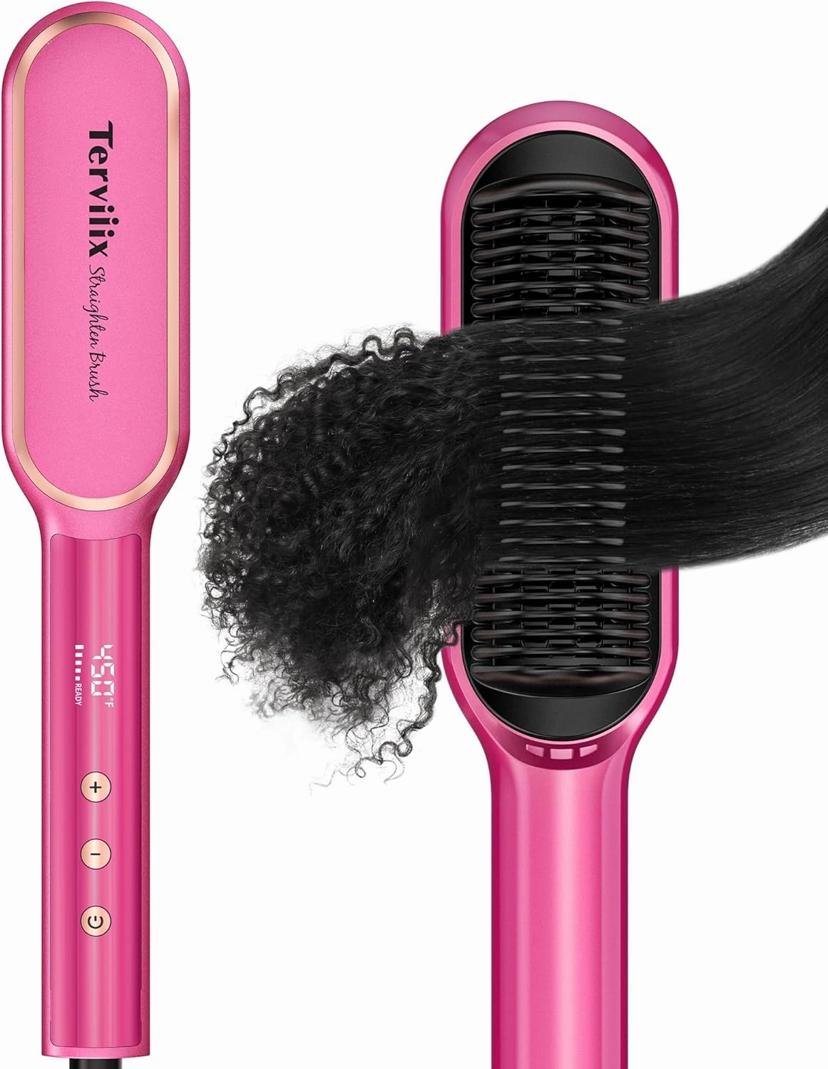 Terviiix Frizz Buster Ionic Hair Straightener Brush with MCH Heater - Rapid 450°F in 20S, Hair Straightener Comb for Efficient One-Pass, Anti-Scald, 13 Heat Settings, Dual Voltage, Pink