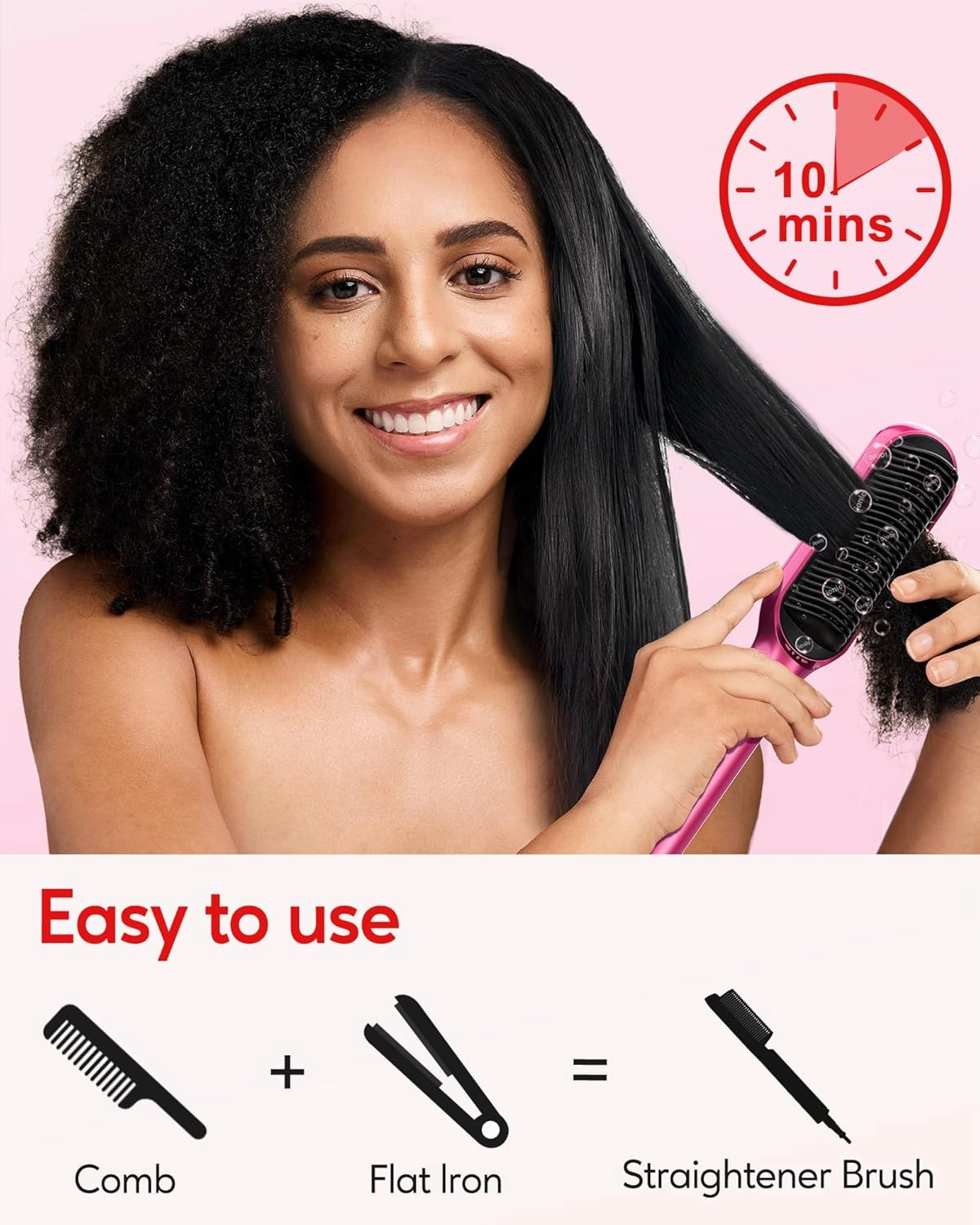 Terviiix Frizz Buster Ionic Hair Straightener Brush with MCH Heater - Rapid 450°F in 20S, Hair Straightener Comb for Efficient One-Pass, Anti-Scald, 13 Heat Settings, Dual Voltage, Pink