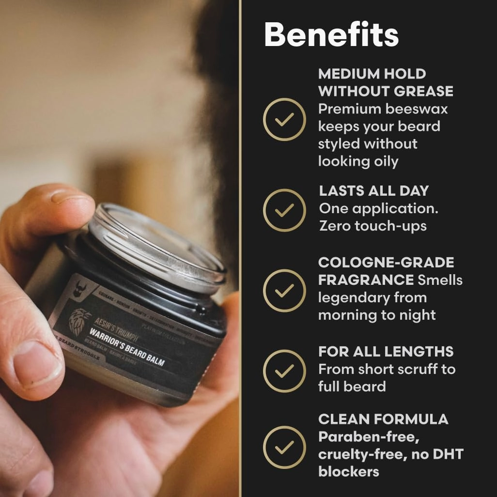 The Beard Struggle Warrior’s Beard Balm - Gold Collection, Valhalla's Gates - Non-Greasy Low-Hold Formula, Luxurious Cologne-Grade Fragrances 100% Natural and Plant-Based Ingredients - 50g