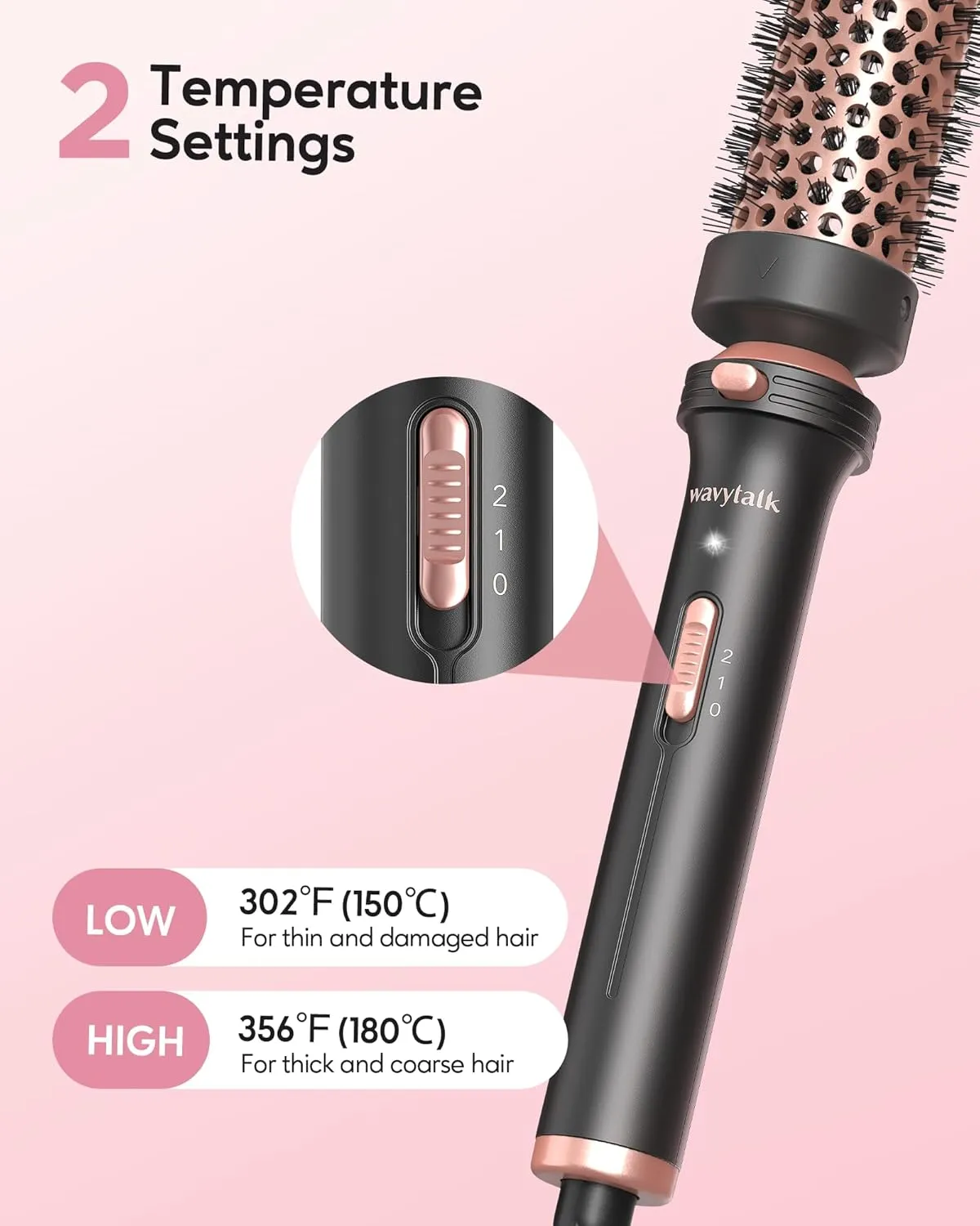 Thermal Brush, 1 1/2 inch Heated Round Brush with Detachable Head, Velvet Pouch and Dual Voltage for Travel, Easy to Create Blowout Look, Rose Gold