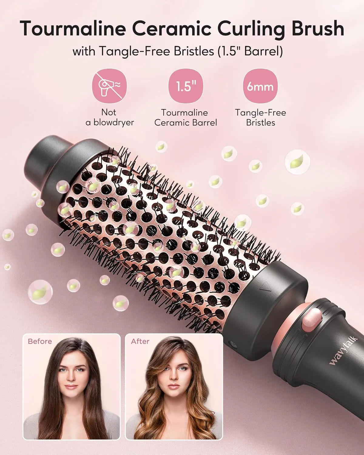 Thermal Brush, 1 1/2 inch Heated Round Brush with Detachable Head, Velvet Pouch and Dual Voltage for Travel, Easy to Create Blowout Look, Rose Gold