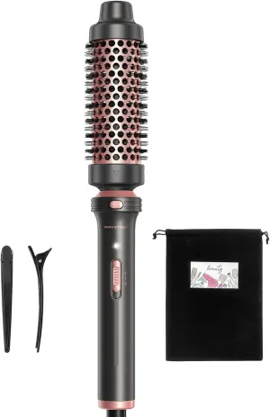 Thermal Brush, 1 1/2 inch Heated Round Brush with Detachable Head, Velvet Pouch and Dual Voltage for Travel, Easy to Create Blowout Look, Rose Gold