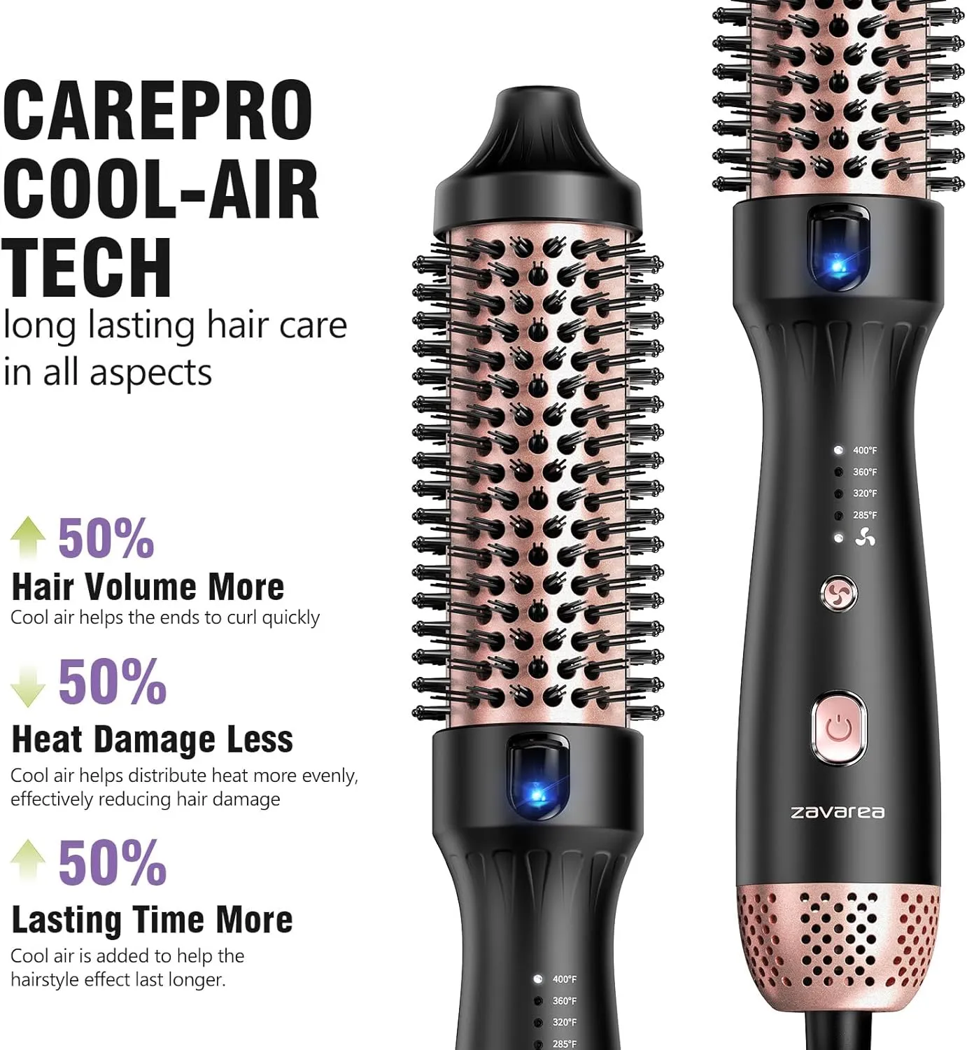 Thermal Brush for Blowout Look, Zavarea CarePro 1.5 Inch Negative Ion Thermal Brush with Cool-Air Tech, Easy to Make Hair Shinier & Smoother, 3-in-1 Heated Styler with Dual Voltage, Black