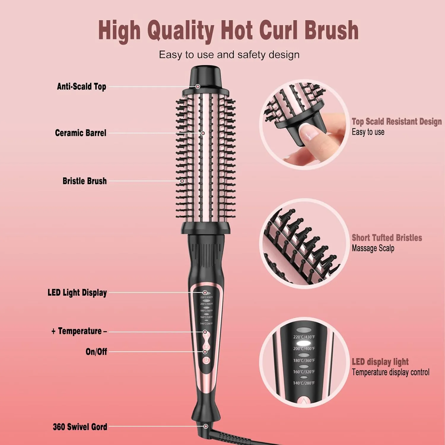 Thermal Brush, Heated Round Brush & Curling Iron with Ceramic Ionic Technology, Hair Tools for Volumizing & Styling, Travel-Friendly Hot Comb with Adjustable Temperature（Rose Gold 1.5 inch）