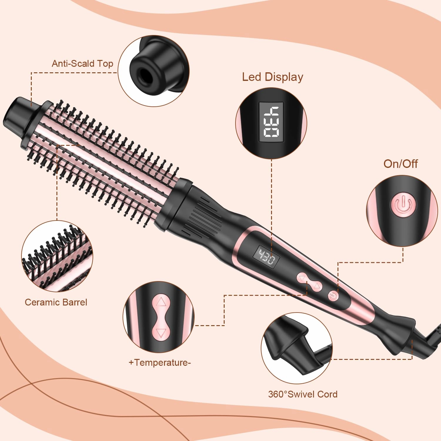 Thermal Brush 1.25 Inch Curling Iron Volumizing Heated Round Brush 1 1/4 Inch Ceramic Tourmaline Heated Hot, Multifunctional Styler Curling Wand (Rose Gold, 1.25 inch)