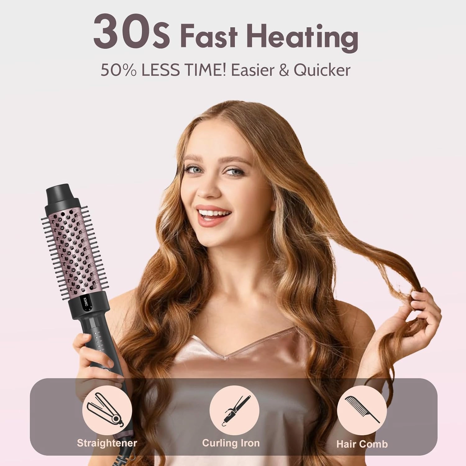 Thermal Brush 1.25 Inch with 5 Temp Settings, Universal Voltage Hot Hair Curling Iron, Ceramic Tourmaline Ionic Thermal Round Curling Brush Suitable for Medium and Long Hair, Rose Gold