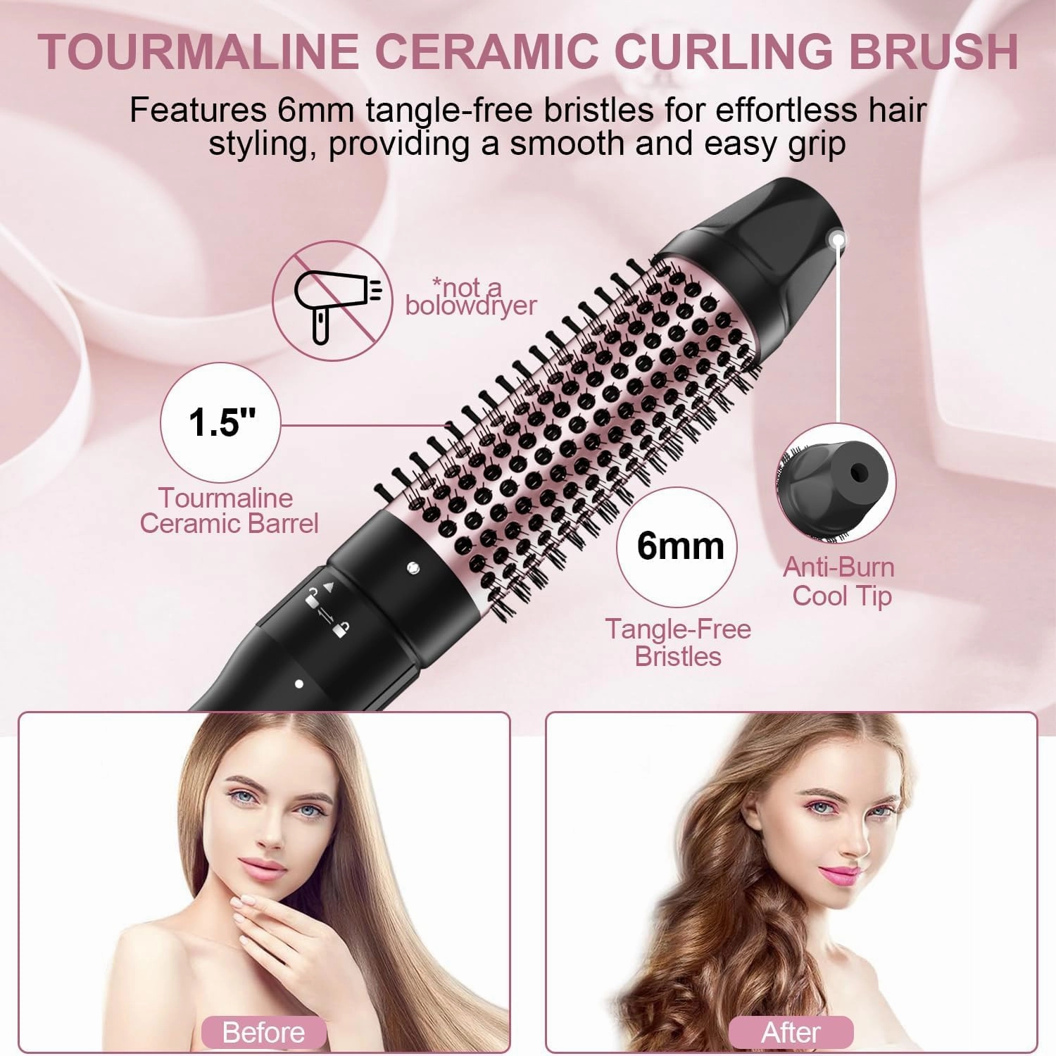Thermal Brush, 1.5 inch Heated Round Curling Brush Hair Dryer and Styler, Less Frizz Hair Hot Straightener Comb with Detachable Head for Salon Style