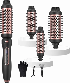 Thermal Brush 3 in 1 Set Ionic Heated,1.25"&1.5"&1.75" for Blowout Look Hot Hair Curling Iron Brush with 11 Temp Settings Digital Display Fast Heated for Women Volume & Smoother Portable (Pink)