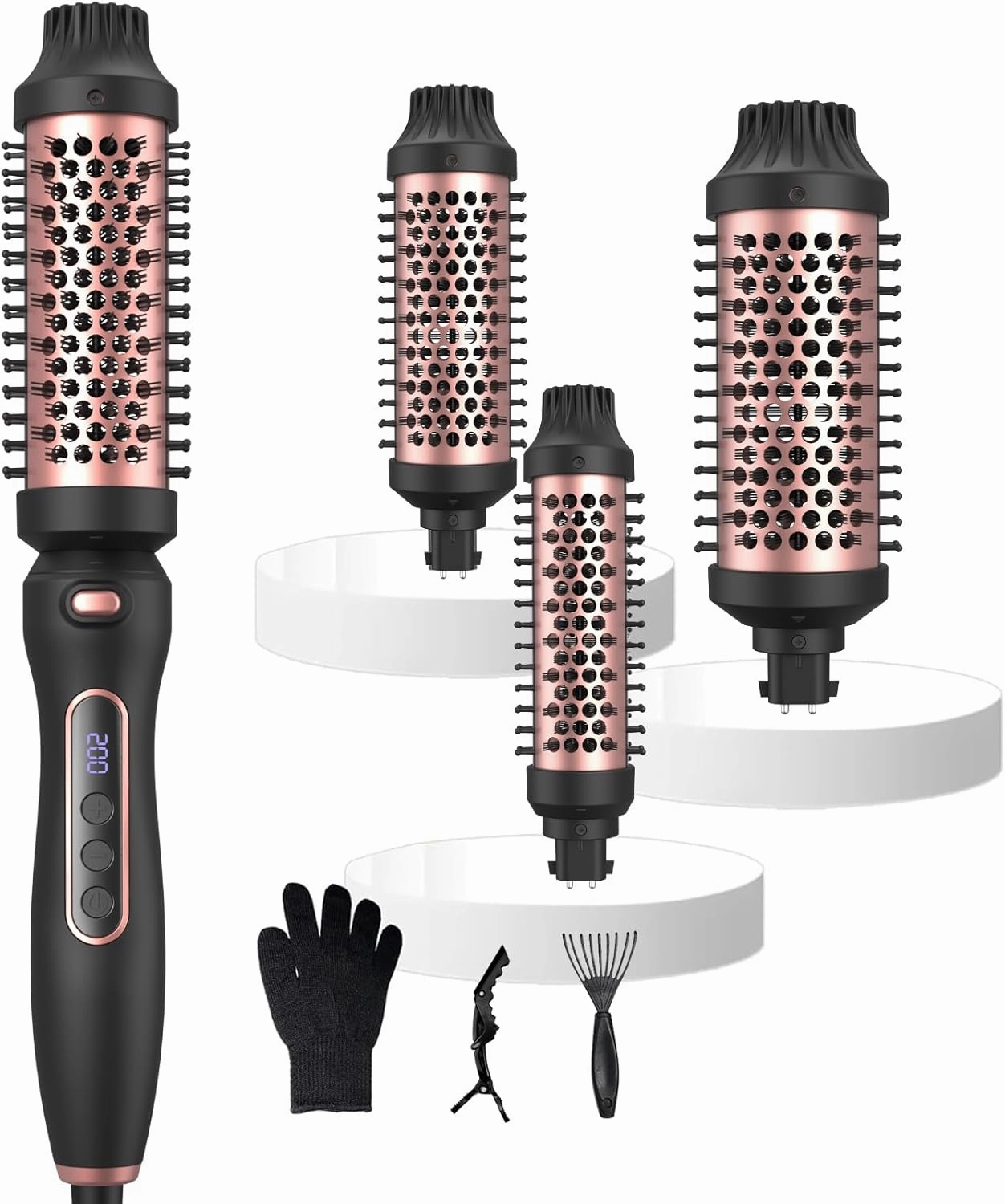 Thermal Brush 3 in 1 Set Ionic Heated,1.25"&1.5"&1.75" for Blowout Look Hot Hair Curling Iron Brush with 11 Temp Settings Digital Display Fast Heated for Women Volume & Smoother Portable (Pink)