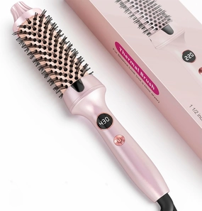 Thermal Hair Brush for Blowout Look, 1.5 Inch Heated Round Brush for Natural Curl,Ionic Curling Iron Wand with Dual Voltage, Volumizing Smoothing Hot Round Brushes, Light Pink