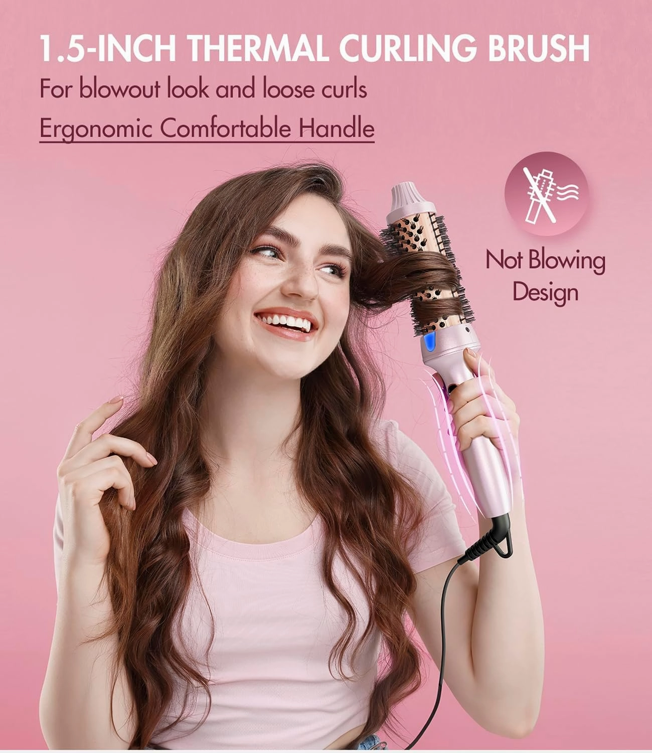Thermal Hair Brush for Blowout Look, 1.5 Inch Heated Round Brush for Natural Curl,Ionic Curling Iron Wand with Dual Voltage, Volumizing Smoothing Hot Round Brushes, Light Pink