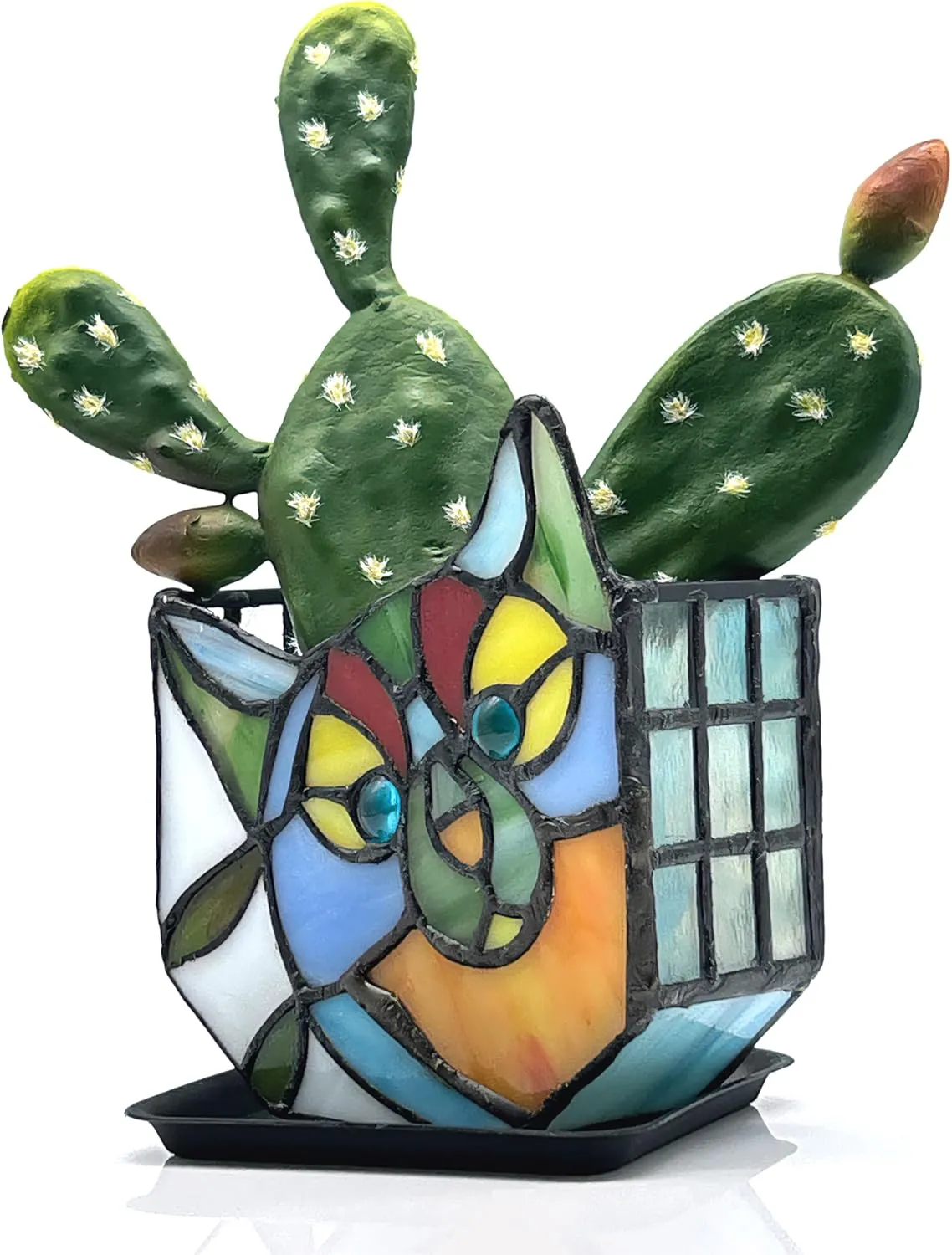 Tiffany Style Cute Cat Face Design Small Flower Pot, Unique Stained Glass Planter, Tiltable Cat Decorative Flower Pot, Fun Peek-A-Boo Terrarium Decoration, Gift for Plant Women