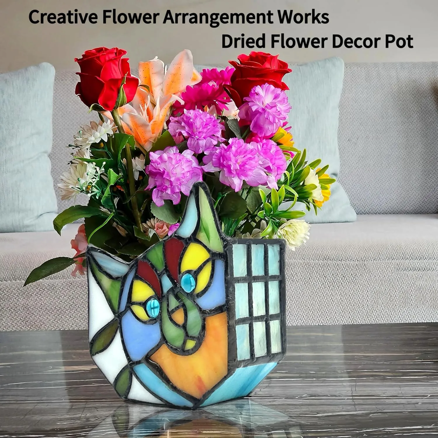 Tiffany Style Cute Cat Face Design Small Flower Pot, Unique Stained Glass Planter, Tiltable Cat Decorative Flower Pot, Fun Peek-A-Boo Terrarium Decoration, Gift for Plant Women