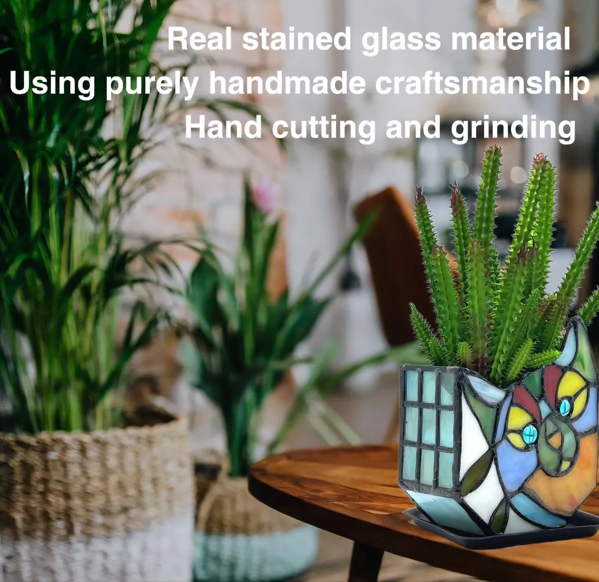 Tiffany Style Cute Cat Face Design Small Flower Pot, Unique Stained Glass Planter, Tiltable Cat Decorative Flower Pot, Fun Peek-A-Boo Terrarium Decoration, Gift for Plant Women