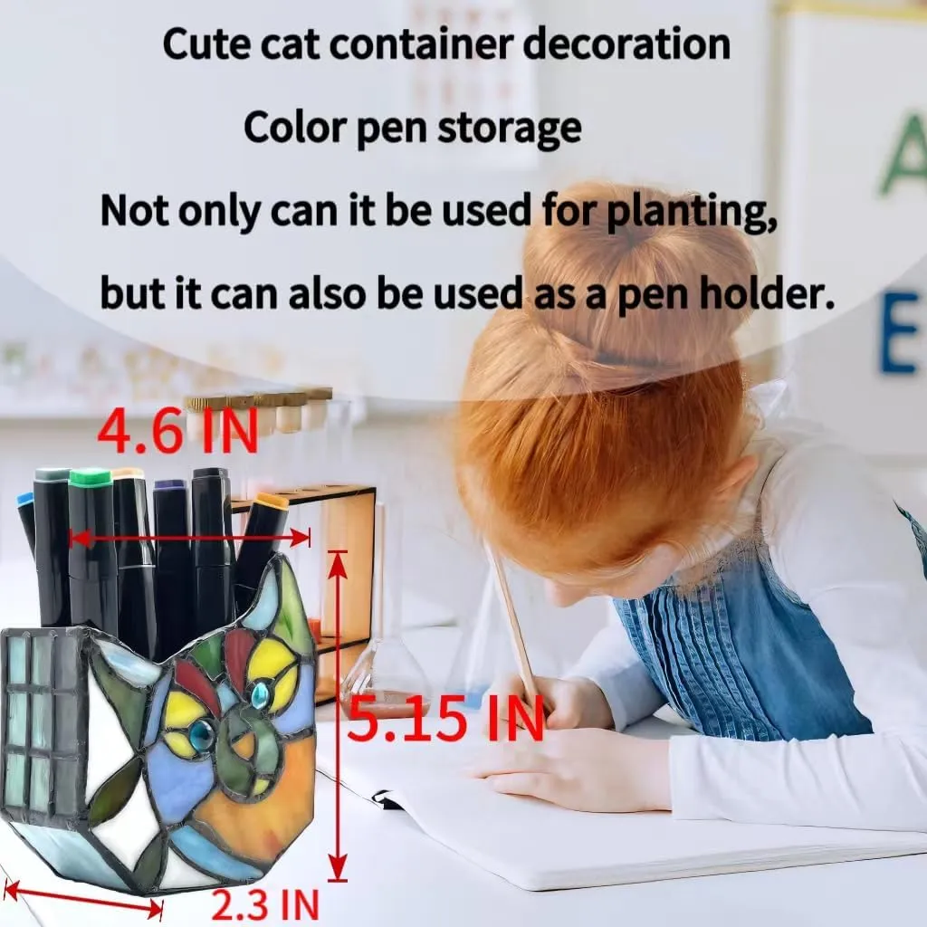 Tiffany Style Cute Cat Face Design Small Flower Pot, Unique Stained Glass Planter, Tiltable Cat Decorative Flower Pot, Fun Peek-A-Boo Terrarium Decoration, Gift for Plant Women