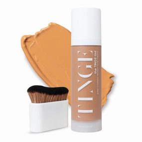Tinge Body Makeup & Brush Bundle, 48-Hour Medium Coverage Tint with Hyaluronic Acid, Semi-Matte, Water & Transfer Resistant, Vegan, Kabuki Brush for Streak-Free Blending, Tan Warm, 3.38 Fl Oz