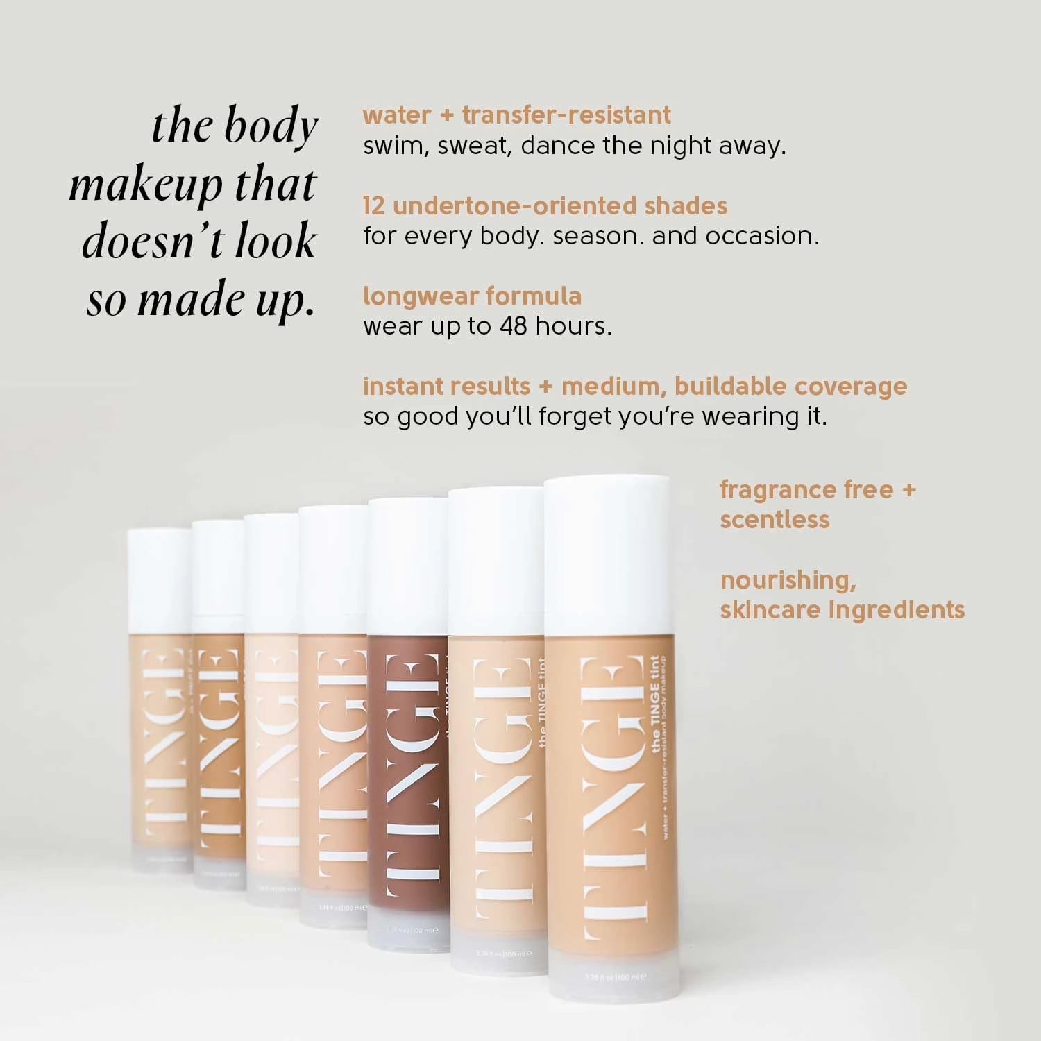 Tinge Tint Body Makeup, Lasts Up to 48 Hours, Medium Coverage With Amino Acids, Hyaluronic Acid & Lysine, Semi Matte Finish, Water & Transfer Resistant, Fragrance Free, 3.38 Fl Oz - Medium Neutral