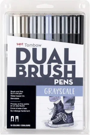Tombow 56171 Dual Brush Pen Art Markers, Grayscale, 10-Pack. Blendable, Brush and Fine Tip Markers