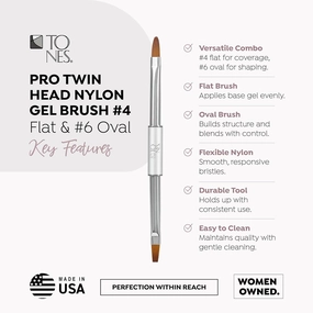 Tones Twin Head Nail Art Nylon Gel Brush - 100% Kolinsky Sable Hair Brush for Acrylic Nails - Ultra Precise Nail Sculpting and 3D Nail Art Brush (#4 Flat & #6 Oval)
