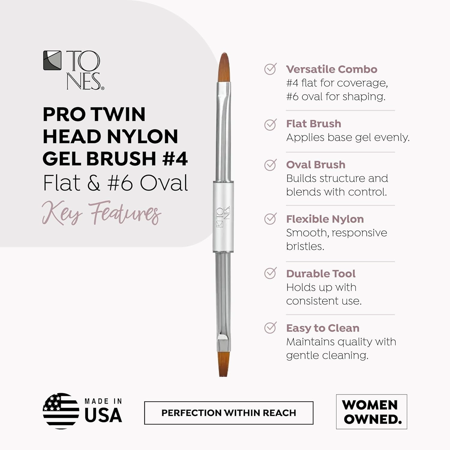 Tones Twin Head Nail Art Nylon Gel Brush - 100% Kolinsky Sable Hair Brush for Acrylic Nails - Ultra Precise Nail Sculpting and 3D Nail Art Brush (#4 Flat & #6 Oval)