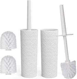 Topsky Toilet Brush & Holder Set, 2 Pack Plastic Round Barrel Loo Brush with 2 Replacement Heads, Durable for Bathroom, White