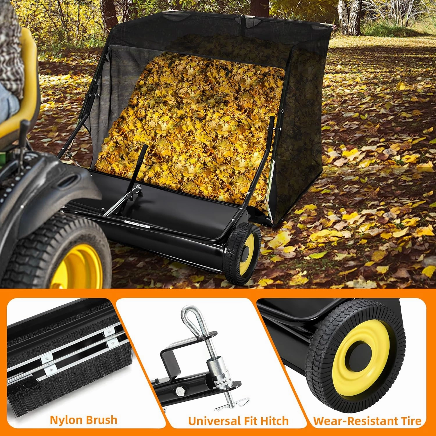 Tow Behind Lawn Sweeper 50 Inch, Large Capacity Heavy Duty Leaf & Grass Collector with Adjustable Sweeping Height, Dumping Rope Design for Picking Up Debris and Grass