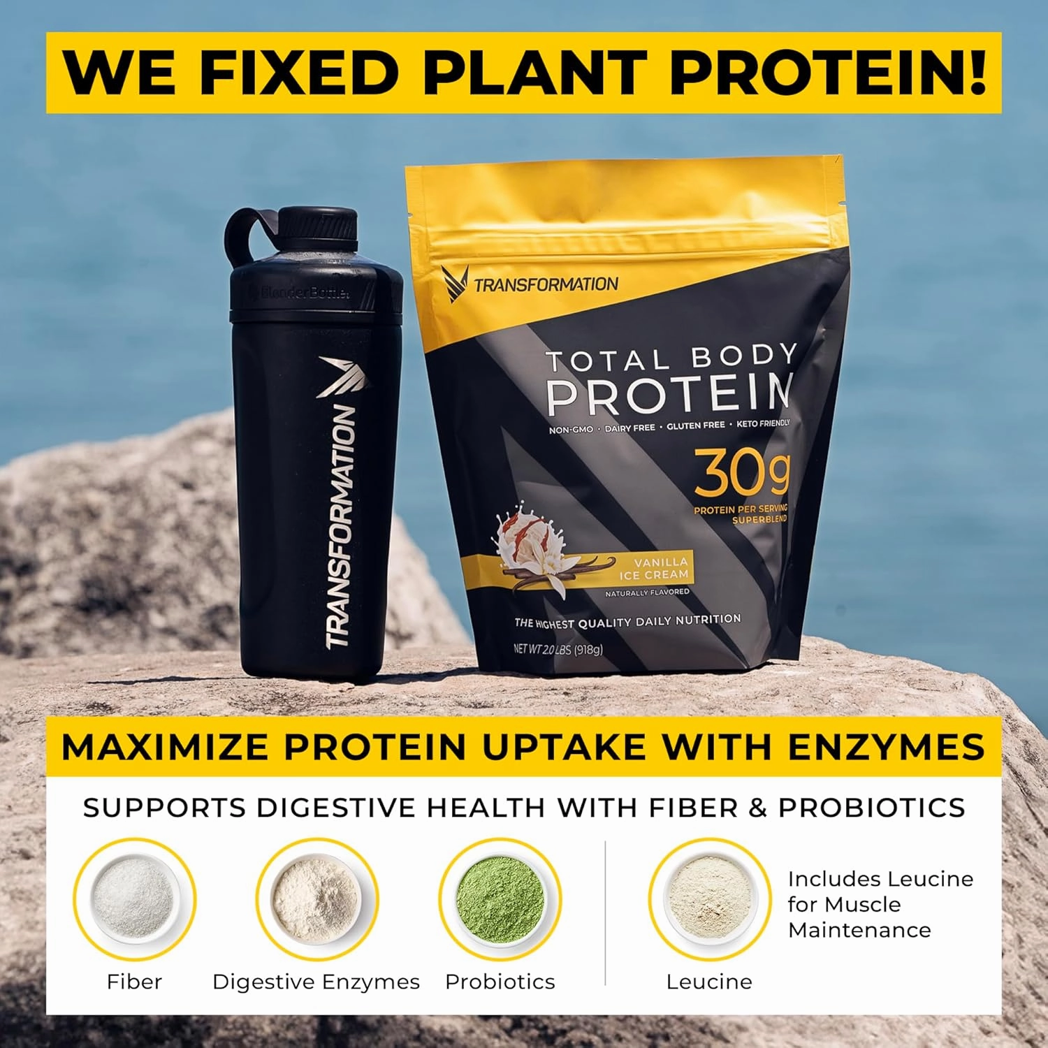 Transformation Protein Super Blend | Egg White, Collagen Peptides, and Plant Protein | 15 Billion CFU Probiotics | Digestive Enzymes | MCT Oil | BCAAs | Low Carb Shake for Men & Women | Chocolate