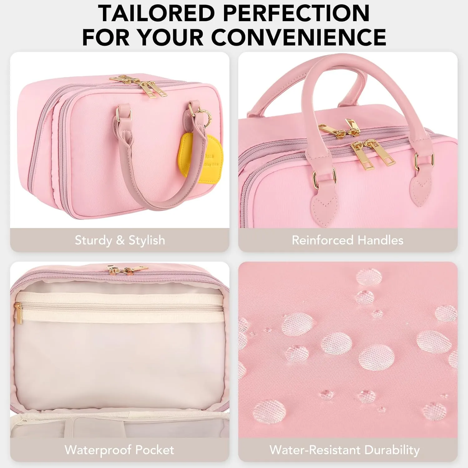 Travel Makeup Bag for Women Fashion Large Capacity Pouch Open Flat Cosmetic Portable Organizer Waterproof Large Opening Storage Toiletry Bags Vertical Free-Standing Brush Holder for Easy Access Pink