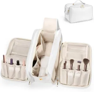 Travel Makeup Bag Women's Large Capacity Cosmetic Portable Organizer Waterproof Large Opening Storage Toiletry Bags Vertical Free-Standing Brush Holder for Easy Access（White）