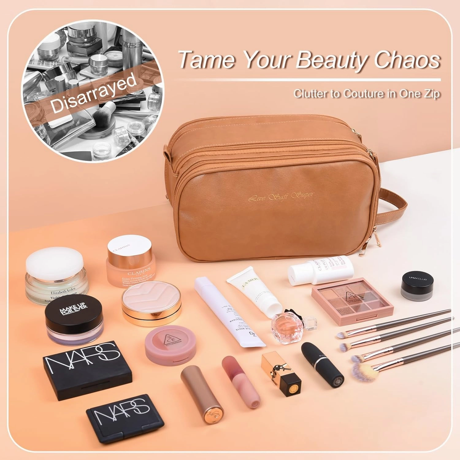 Travel Makeup Bag - Large Capacity Cosmetic Bags For Women Portable Opening Travel Toiletry Bags, Waterproof PU Leather Pouch Open Flat Makeup Organizer With Handle and Divide Brown