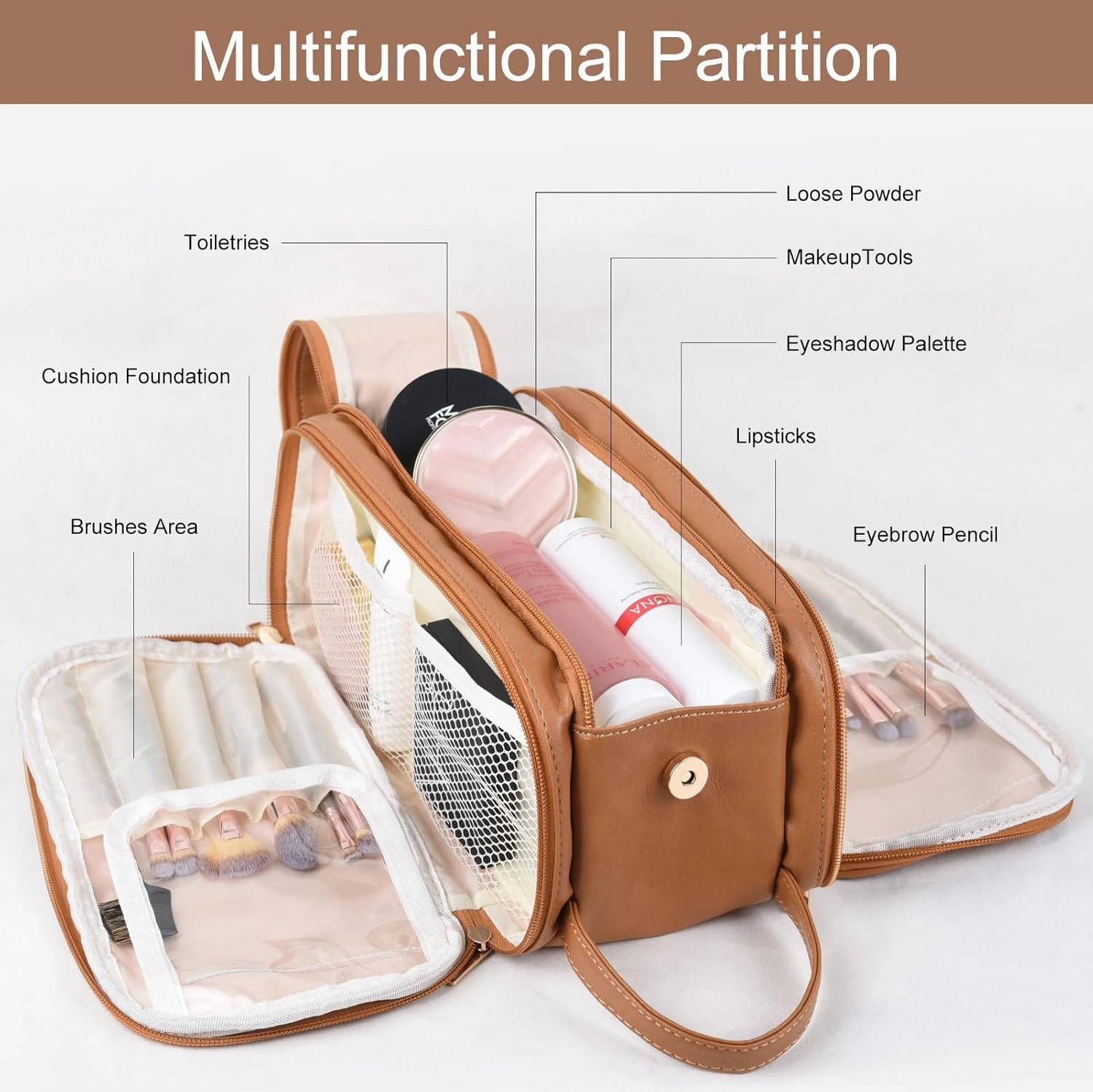 Travel Makeup Bag - Large Capacity Cosmetic Bags For Women Portable Opening Travel Toiletry Bags, Waterproof PU Leather Pouch Open Flat Makeup Organizer With Handle and Divide Brown